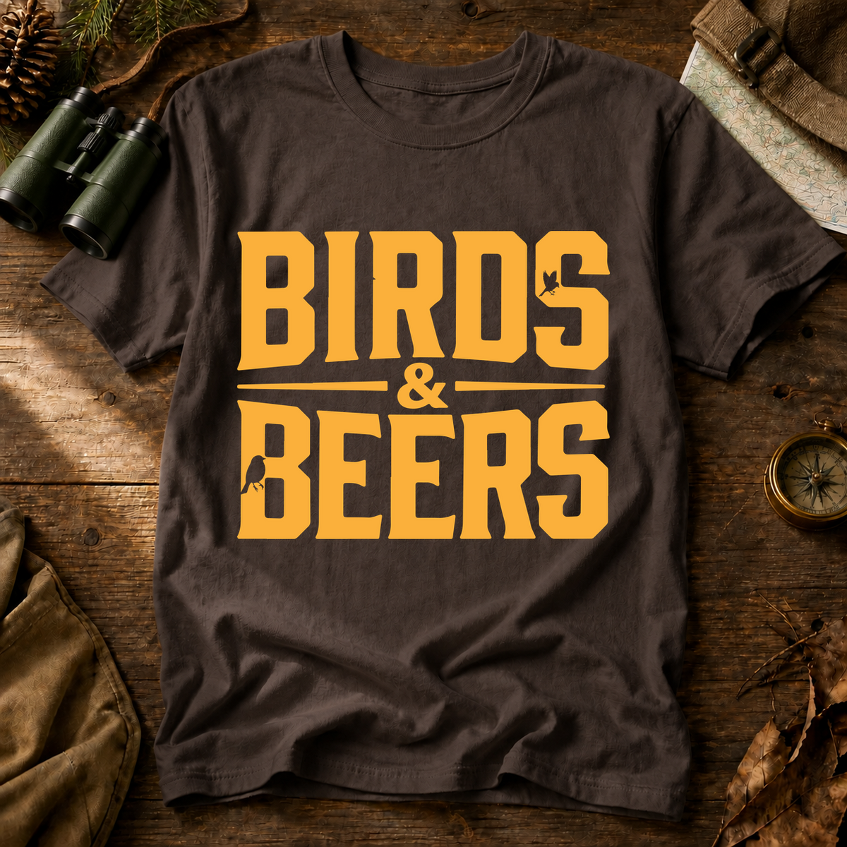 Birds & Beers Tee in Espresso, centered front design on a birdwatching flat-lay mockup