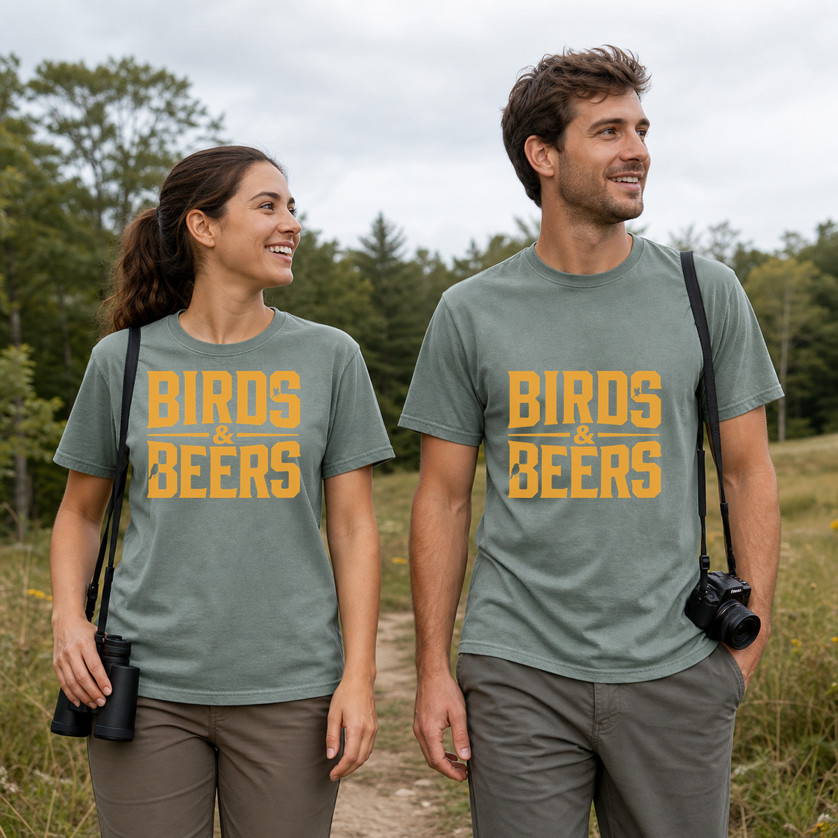 Female and male models wearing the Birds & Beers Tee in Bay, with the artwork centered on both shirts