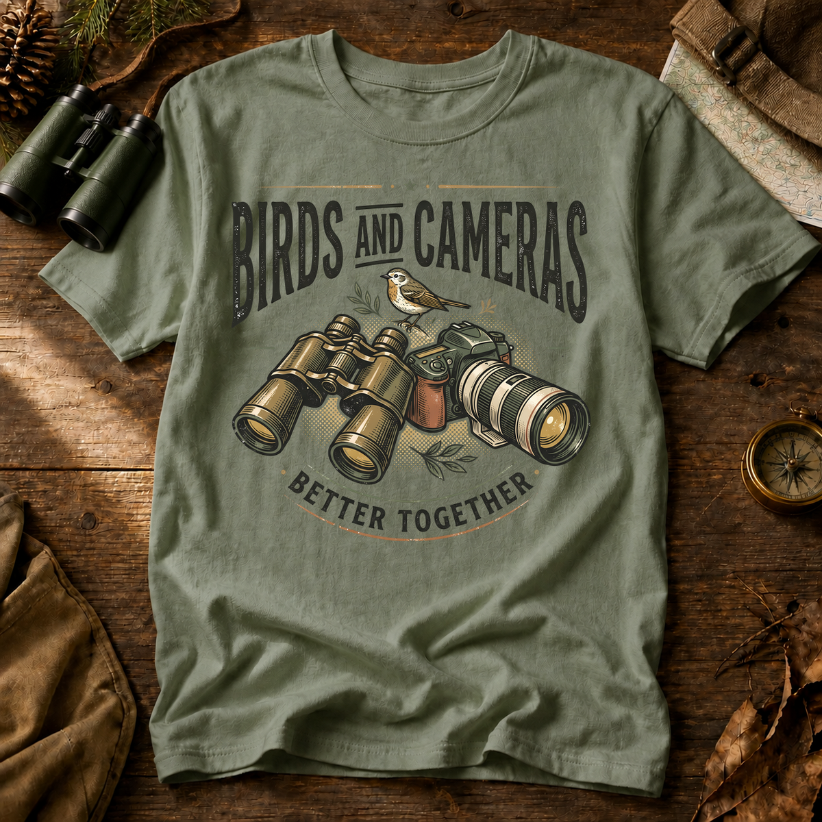 Birds and Cameras Better Together Tee in Bay laid beside field gear