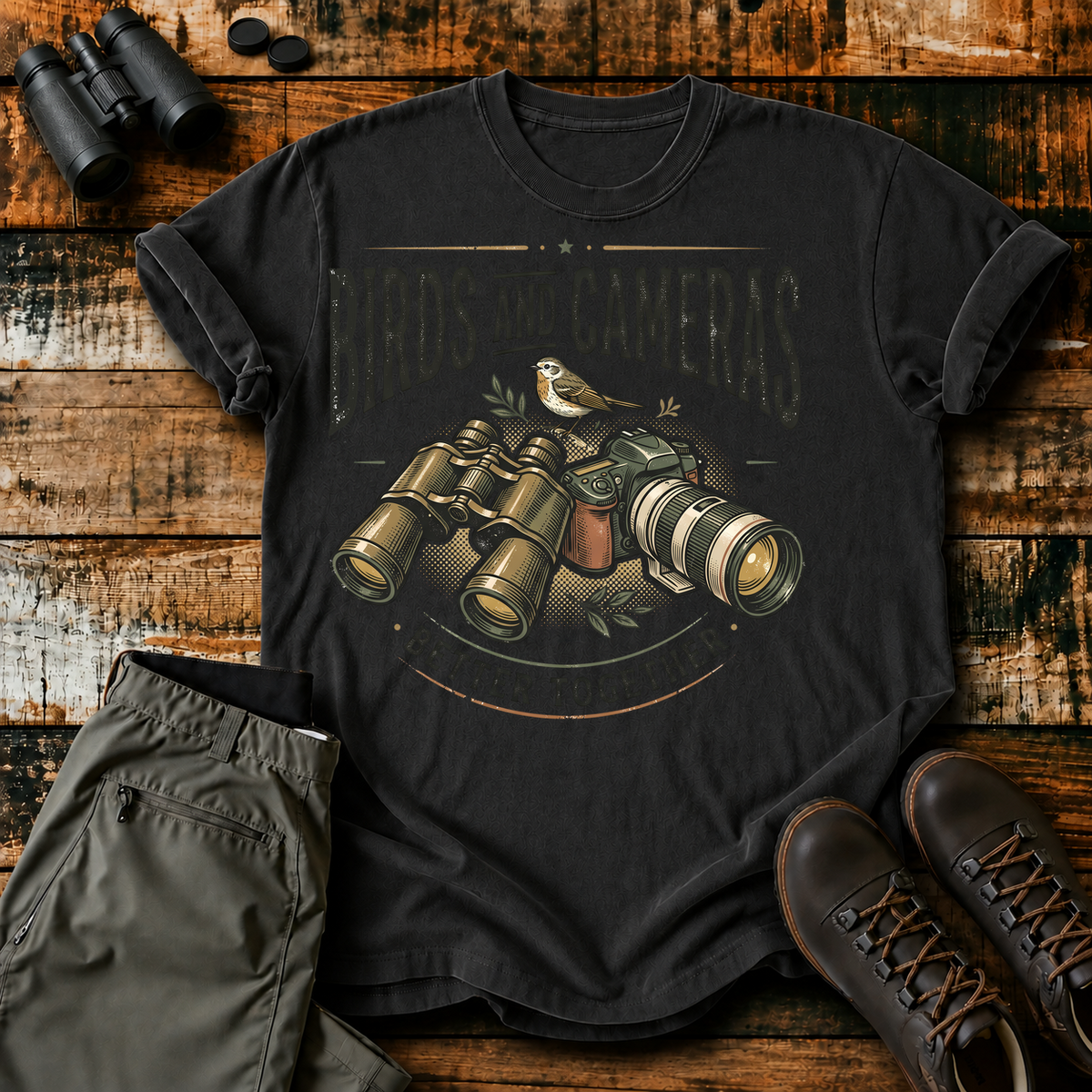Birds and Cameras Better Together Tee in Black, centered front design on a birdwatching flat-lay mockup