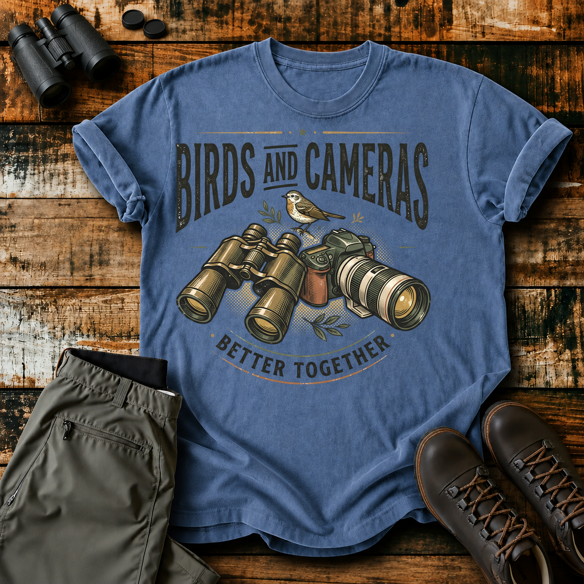 Birds and Cameras Better Together Tee in Blue Jean, centered front design on a birdwatching flat-lay mockup