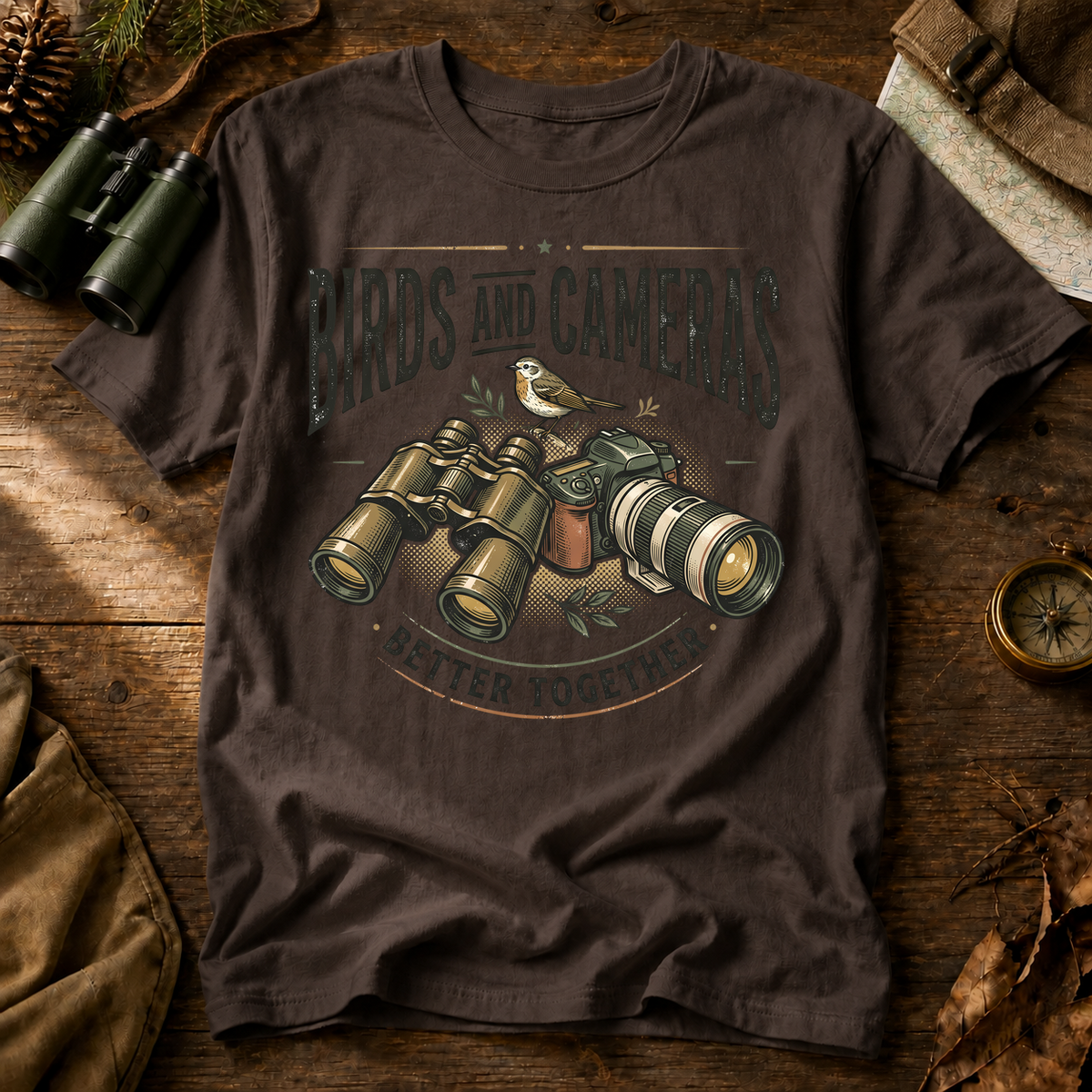 Birds and Cameras Better Together Tee in Espresso, centered front design on a birdwatching flat-lay mockup