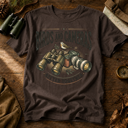 Birds and Cameras Better Together Tee in Espresso, centered front design on a birdwatching flat-lay mockup