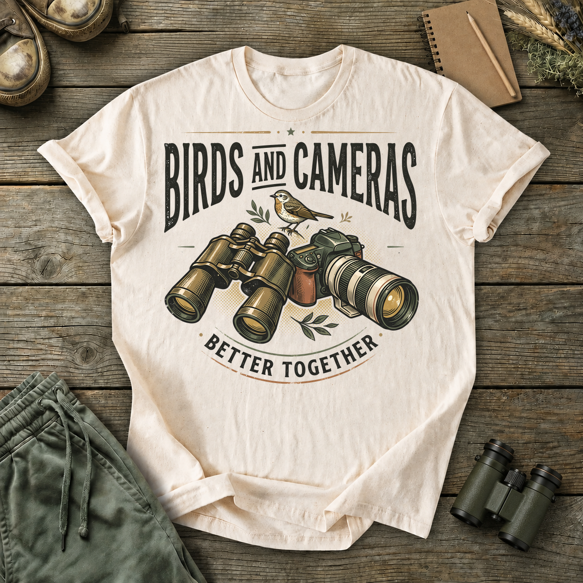 Birds and Cameras Better Together Tee in Ivory, centered front design on a birdwatching flat-lay mockup