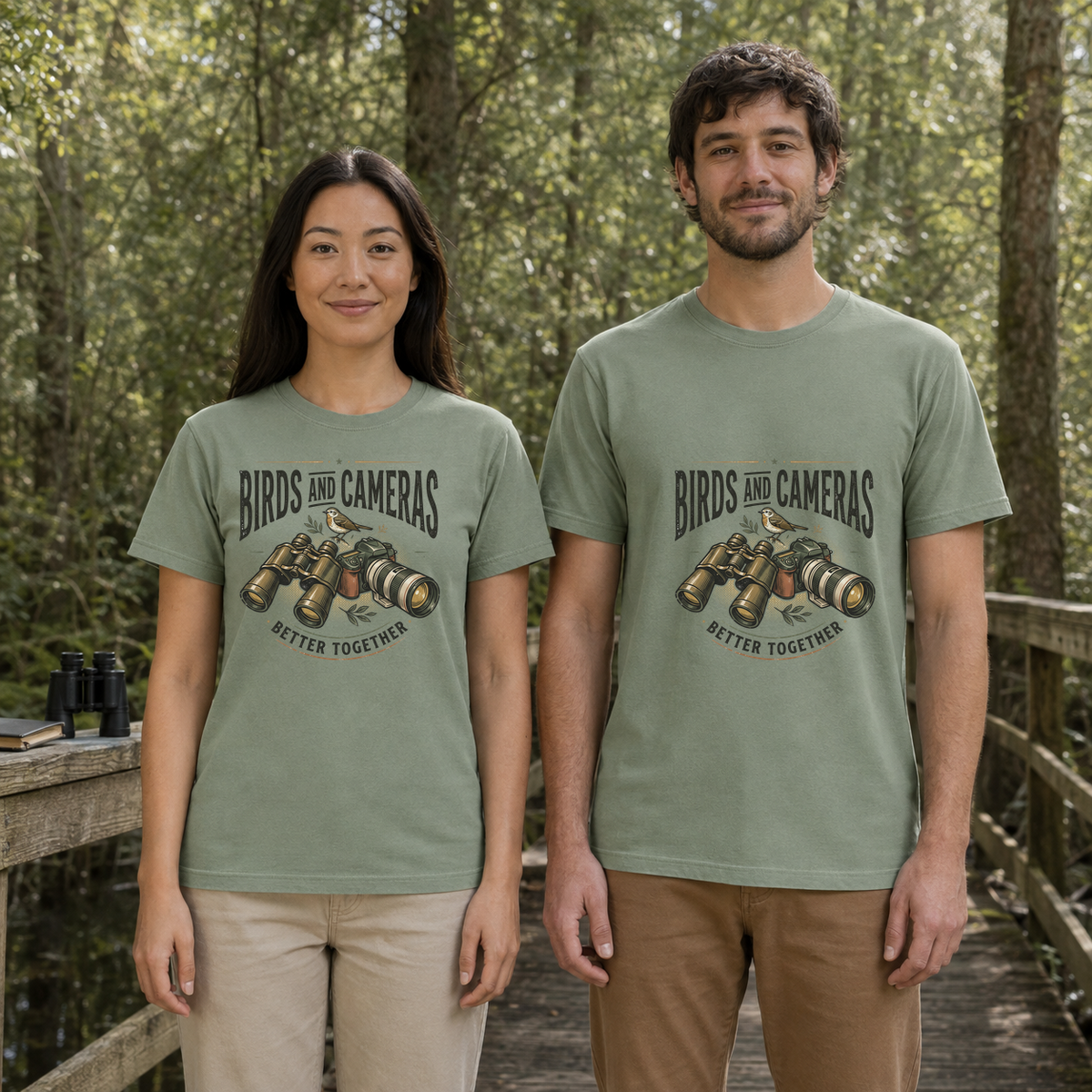 Female and male models wearing the Birds and Cameras Better Together Tee in Bay, with the artwork centered on both shirts