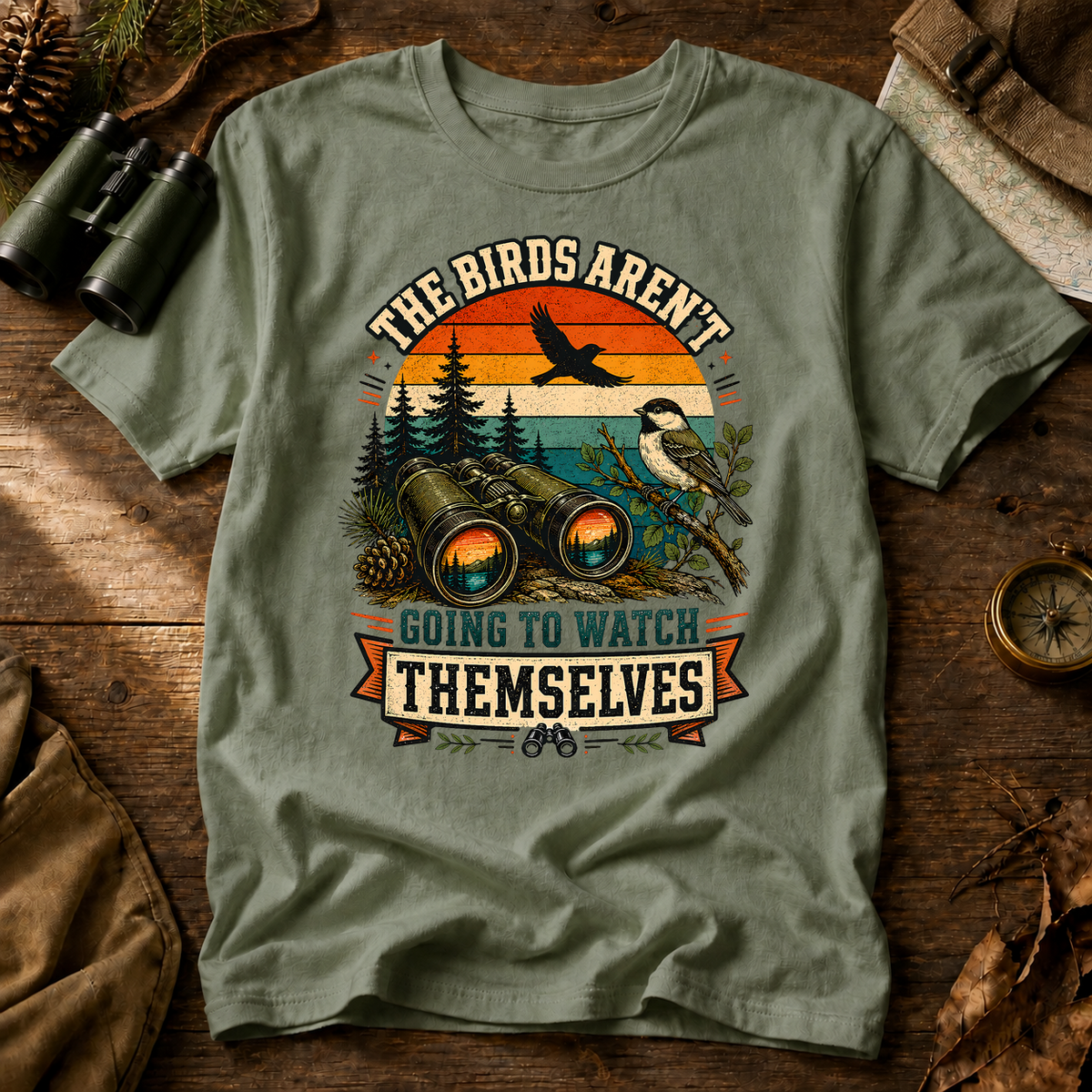 Birds Aren't Going to Watch Themselves Field Tee in Bay, centered front design on a birdwatching flat-lay mockup