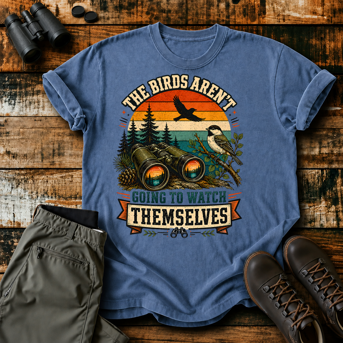 Birds Aren't Going to Watch Themselves Field Tee in Blue Jean, centered front design on a birdwatching flat-lay mockup