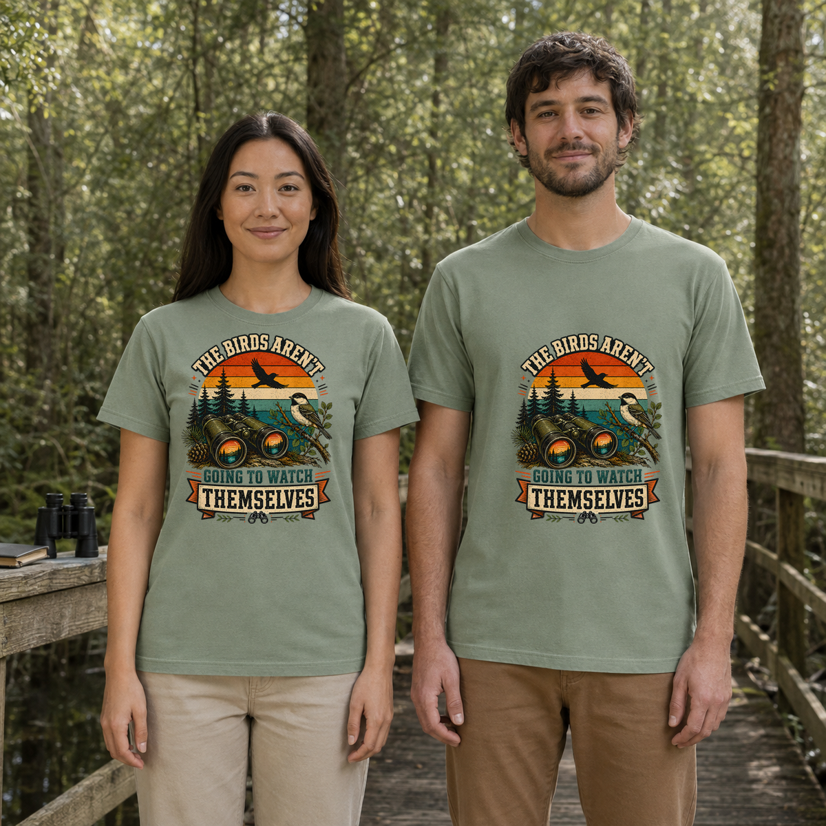 Female and male models wearing the Birds Aren't Going to Watch Themselves Field Tee in Bay, with the artwork centered on both shirts