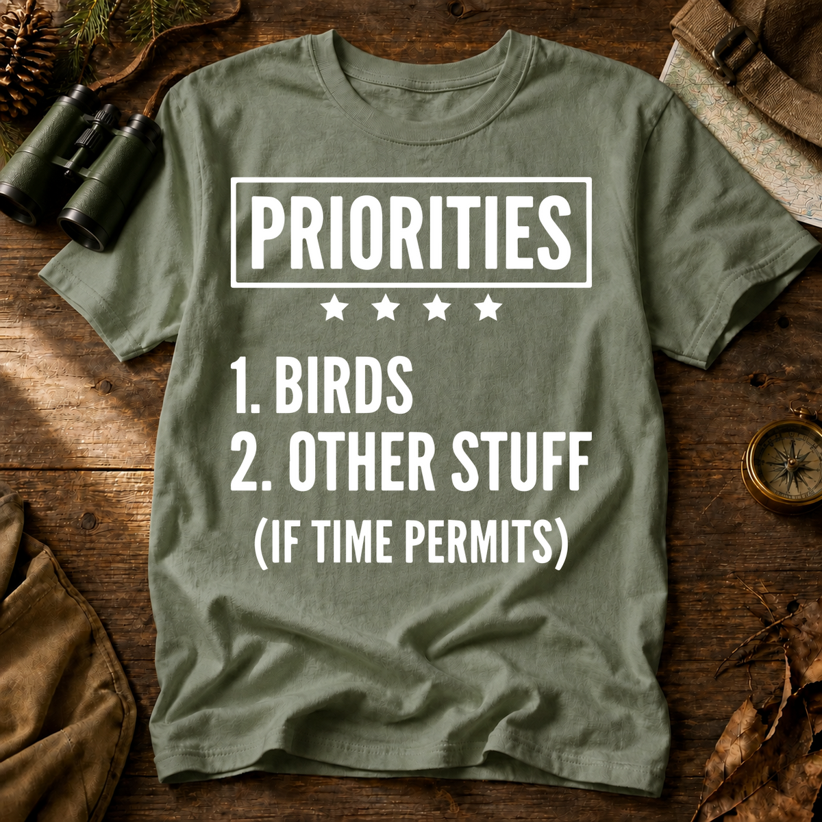 Birds First Priorities Tee in Bay laid beside field gear