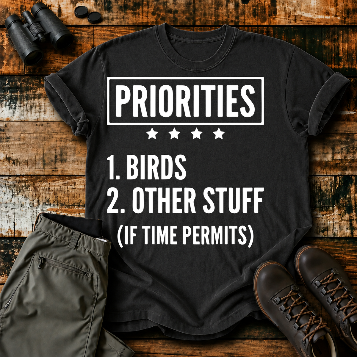 Birds First Priorities Tee in Black, centered front design on a birdwatching flat-lay mockup