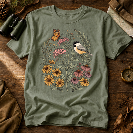 Black-Capped Chickadee Floral Garden Tee in Bay, centered front design on a birdwatching flat-lay mockup