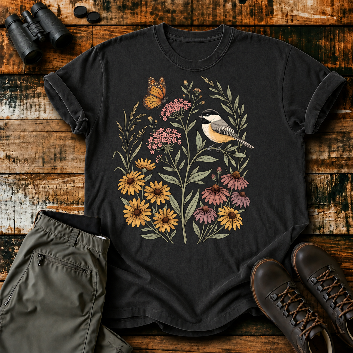 Black-Capped Chickadee Floral Garden Tee in Black, centered front design on a birdwatching flat-lay mockup