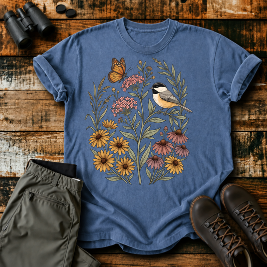 Black-Capped Chickadee Floral Garden Tee in Blue Jean, centered front design on a birdwatching flat-lay mockup