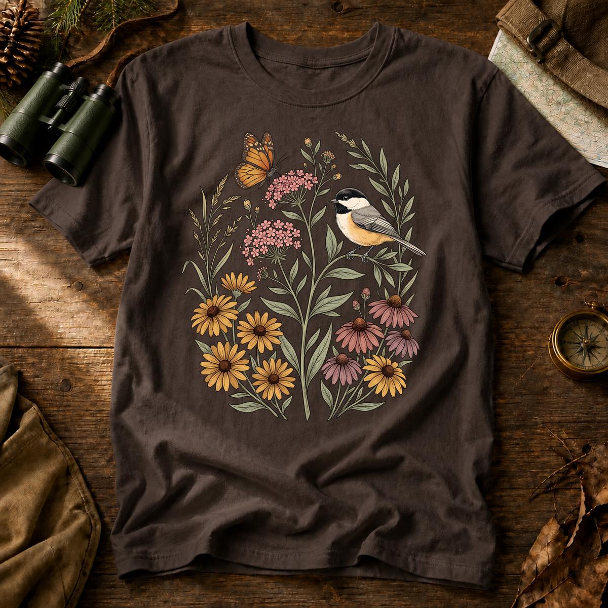 Black-Capped Chickadee Floral Garden Tee in Espresso, centered front design on a birdwatching flat-lay mockup