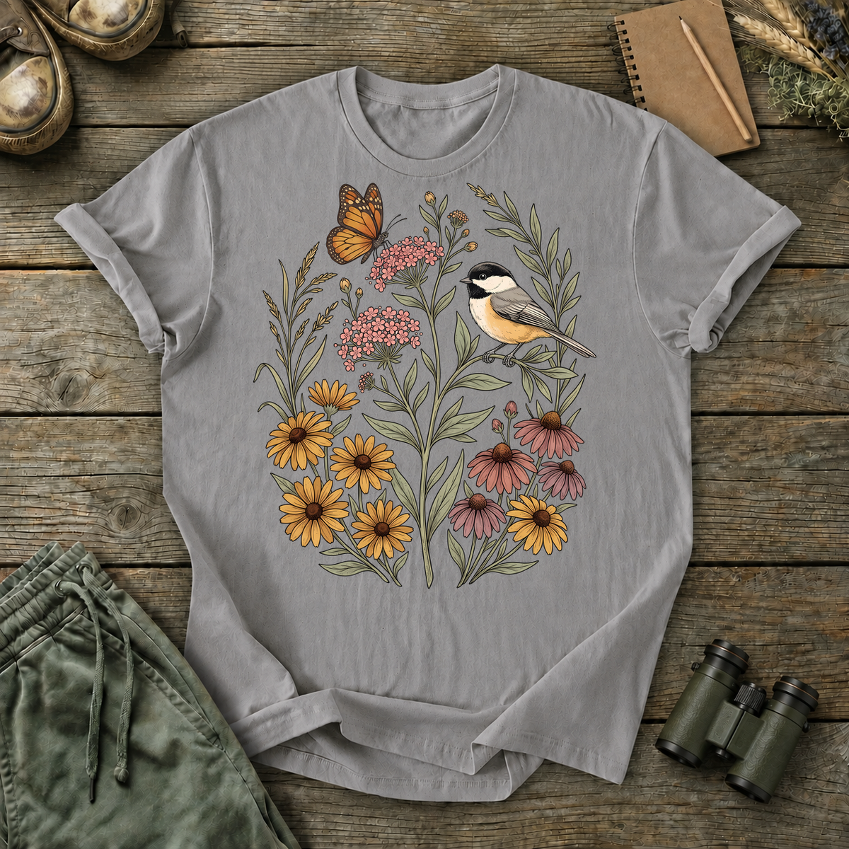 Black-Capped Chickadee Floral Garden Tee in Grey, centered front design on a birdwatching flat-lay mockup