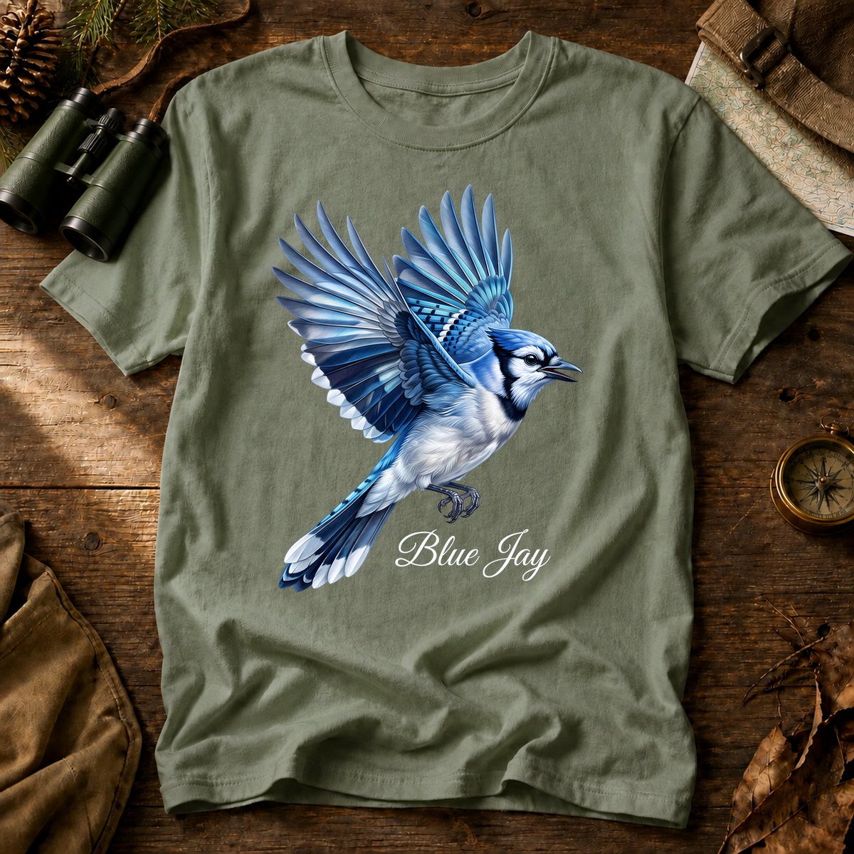 Blue Jay in Flight Tee in Bay, centered front design on a birdwatching flat-lay mockup