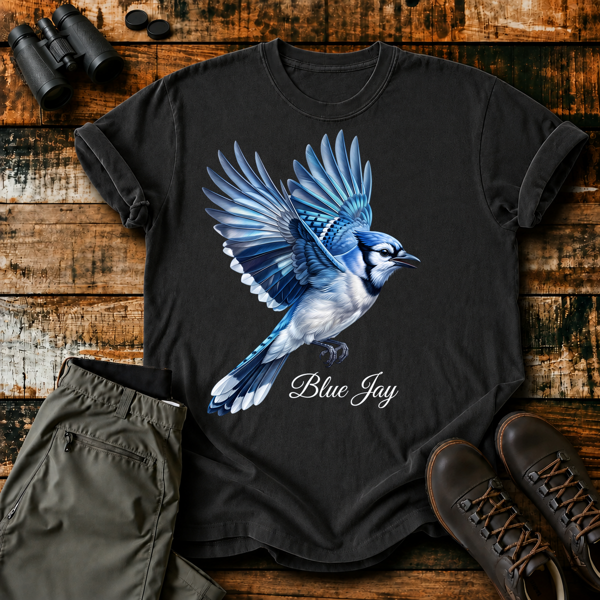 Blue Jay in Flight Tee in Black, centered front design on a birdwatching flat-lay mockup