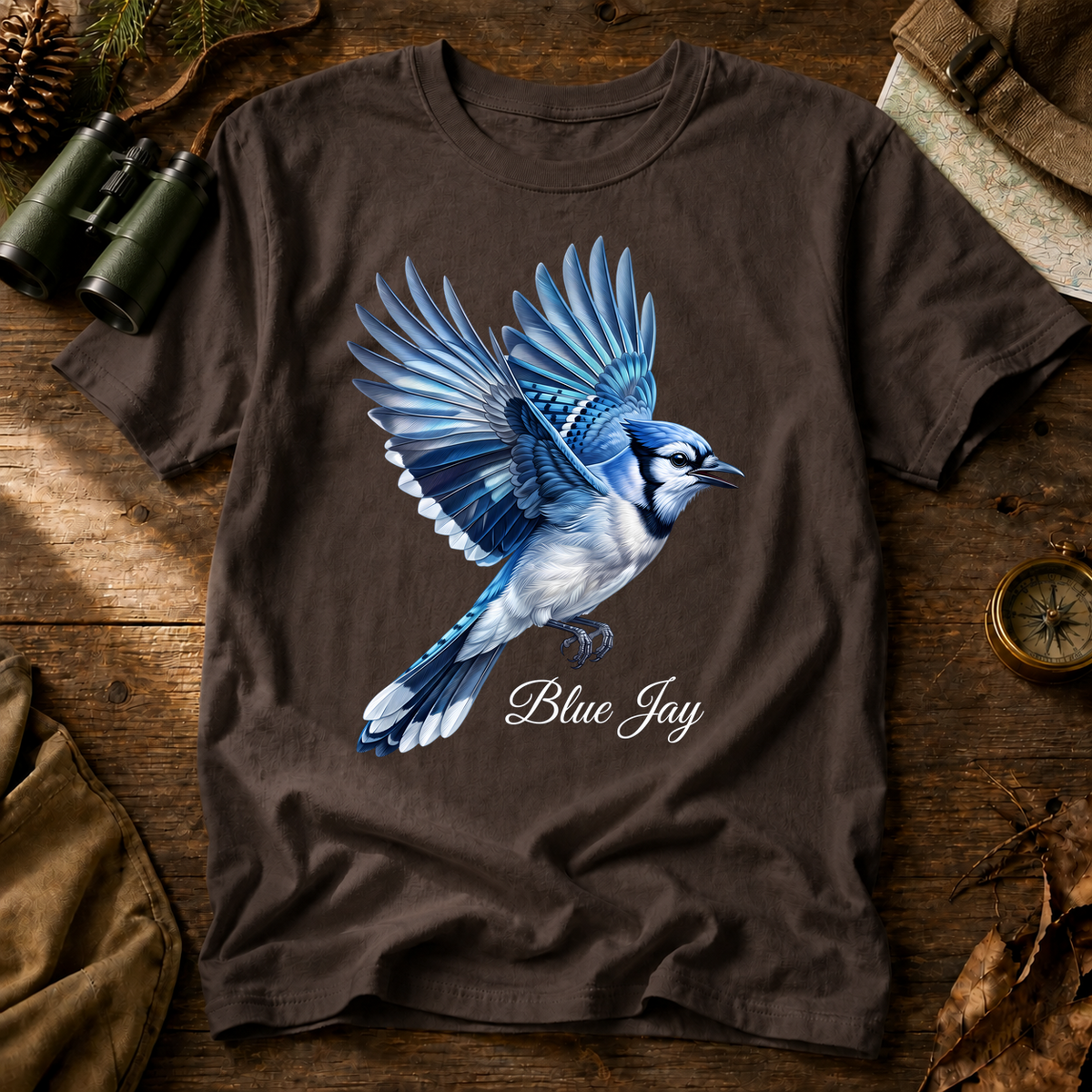 Blue Jay in Flight Tee in Espresso, centered front design on a birdwatching flat-lay mockup