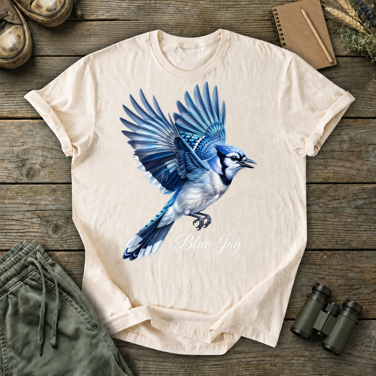 Blue Jay in Flight Tee in Ivory, centered front design on a birdwatching flat-lay mockup