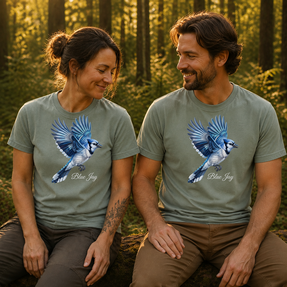 Female and male models wearing the Blue Jay in Flight Tee in Bay, with the artwork centered on both shirts