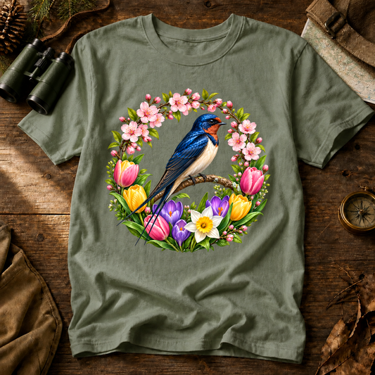 Blue Songbird Spring Wreath Tee in Bay, centered front design on a birdwatching flat-lay mockup