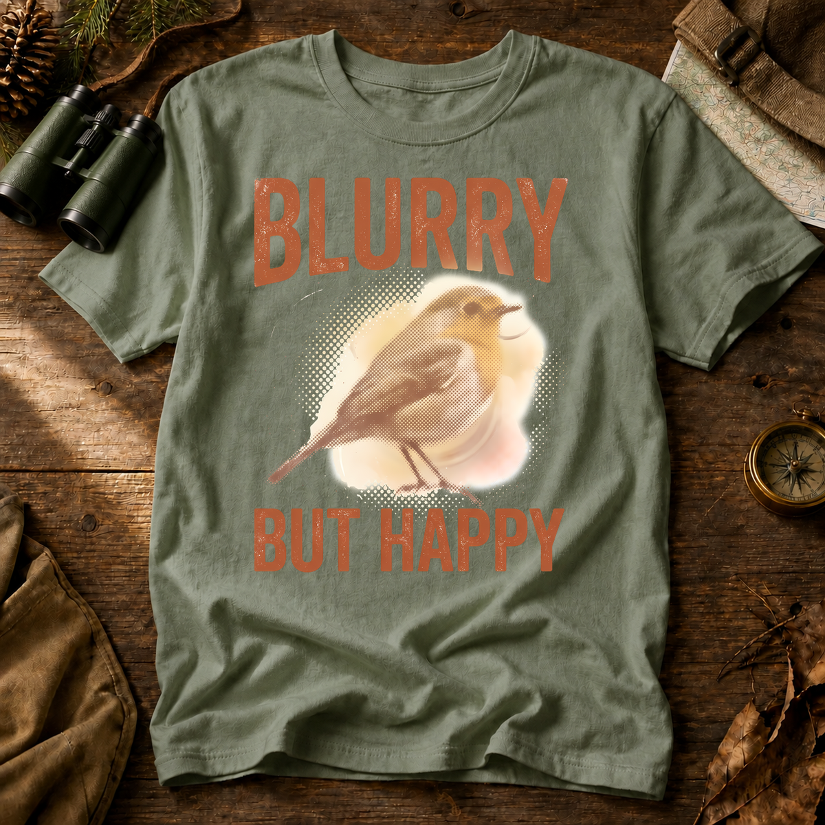 Blurry but Happy Bird Photography Tee in Bay, centered front design on a birdwatching flat-lay mockup