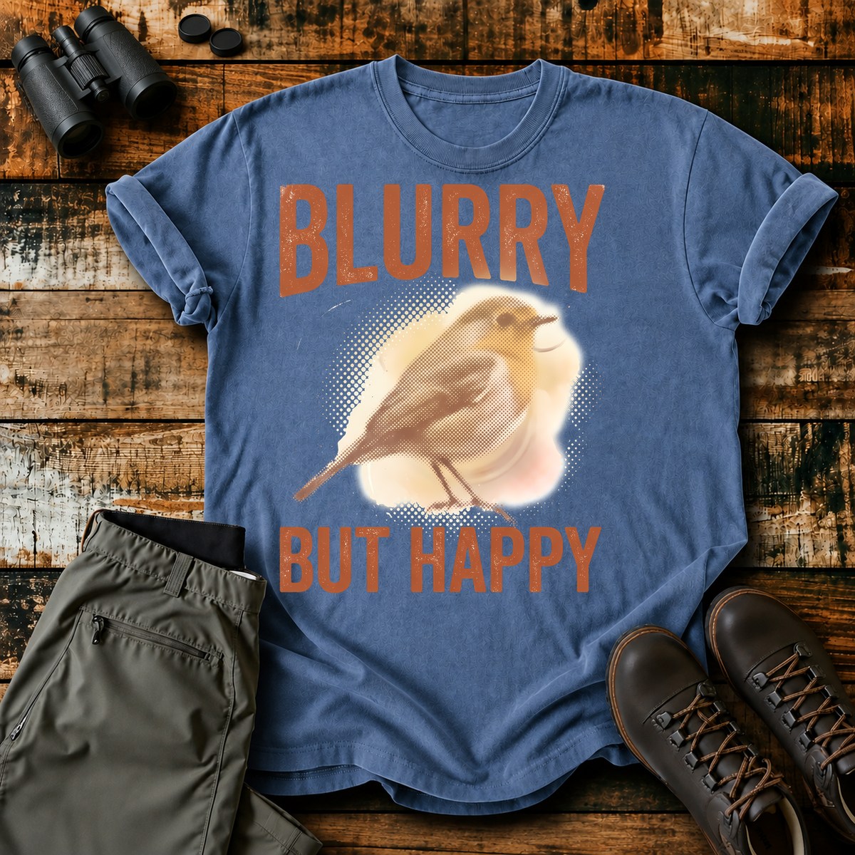 Blurry but Happy Bird Photography Tee in Blue Jean, centered front design on a birdwatching flat-lay mockup