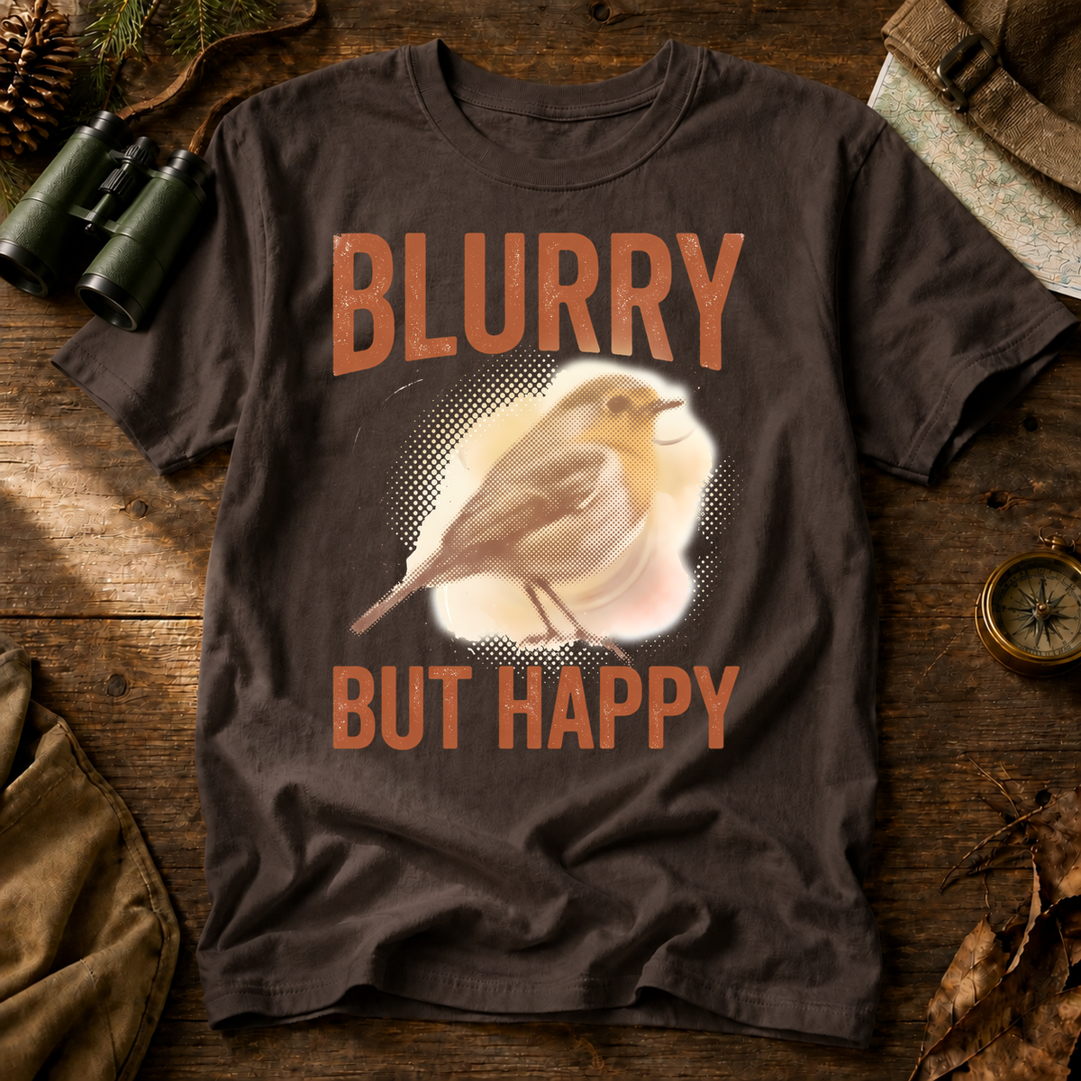 Blurry but Happy Bird Photography Tee in Espresso, centered front design on a birdwatching flat-lay mockup