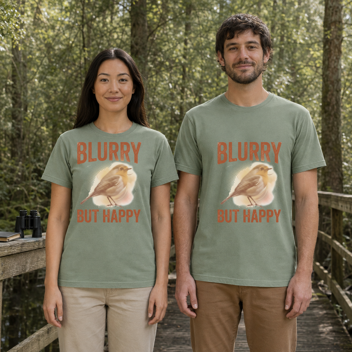 Female and male models wearing the Blurry but Happy Bird Photography Tee in Bay, with the artwork centered on both shirts