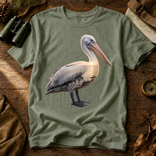 Brown Pelican Portrait Tee in Bay, centered front design on a birdwatching flat-lay mockup