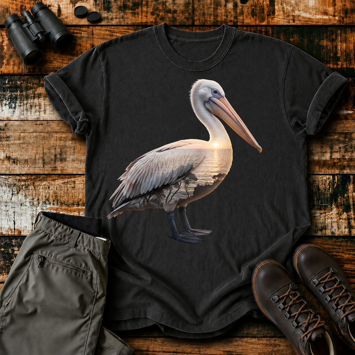 Brown Pelican Portrait Tee in Black, centered front design on a birdwatching flat-lay mockup