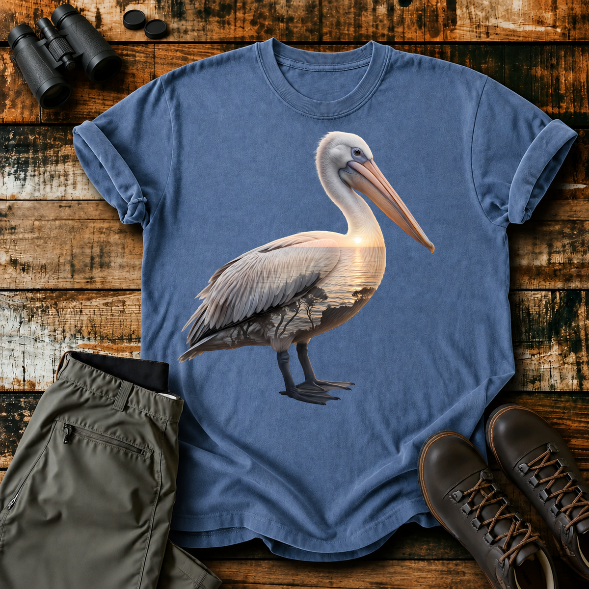 Brown Pelican Portrait Tee in Blue Jean, centered front design on a birdwatching flat-lay mockup