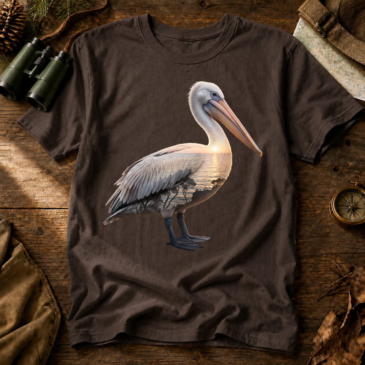 Brown Pelican Portrait Tee in Espresso, centered front design on a birdwatching flat-lay mockup