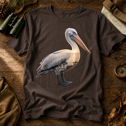 Brown Pelican Portrait Tee in Espresso, centered front design on a birdwatching flat-lay mockup