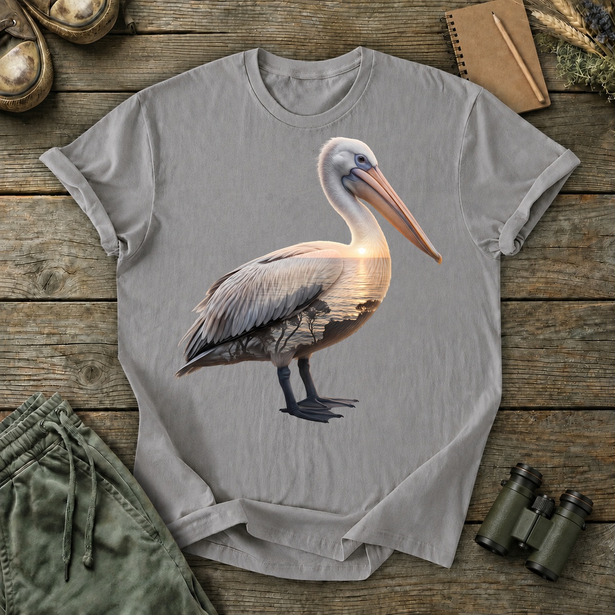 Brown Pelican Portrait Tee in Grey, centered front design on a birdwatching flat-lay mockup