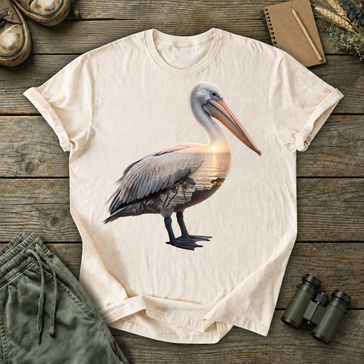 Brown Pelican Portrait Tee in Ivory, centered front design on a birdwatching flat-lay mockup