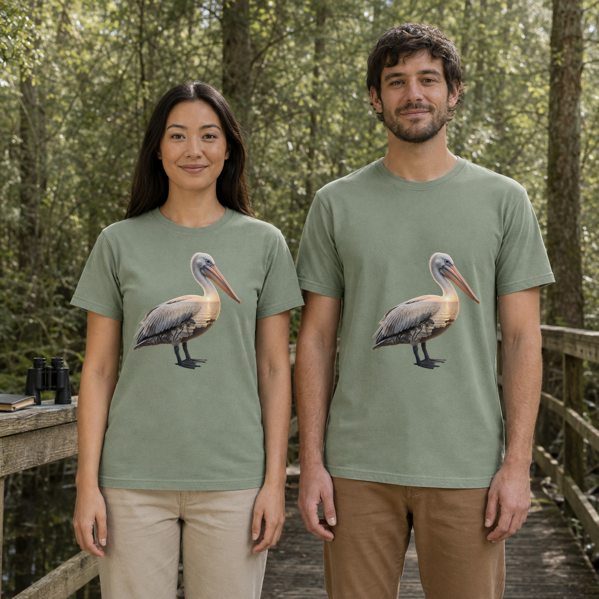 Female and male models wearing the Brown Pelican Portrait Tee in Bay, with the artwork centered on both shirts