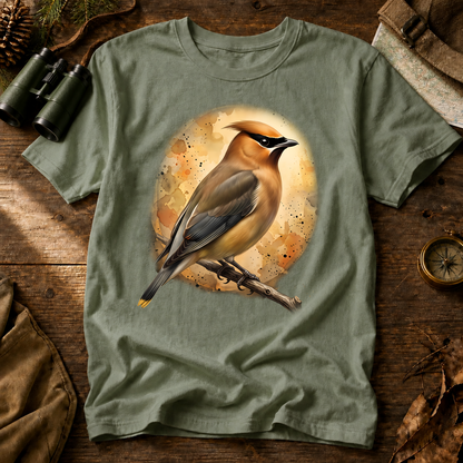 Cedar Waxwing Watercolor Portrait Tee in Bay, centered front design on a birdwatching flat-lay mockup