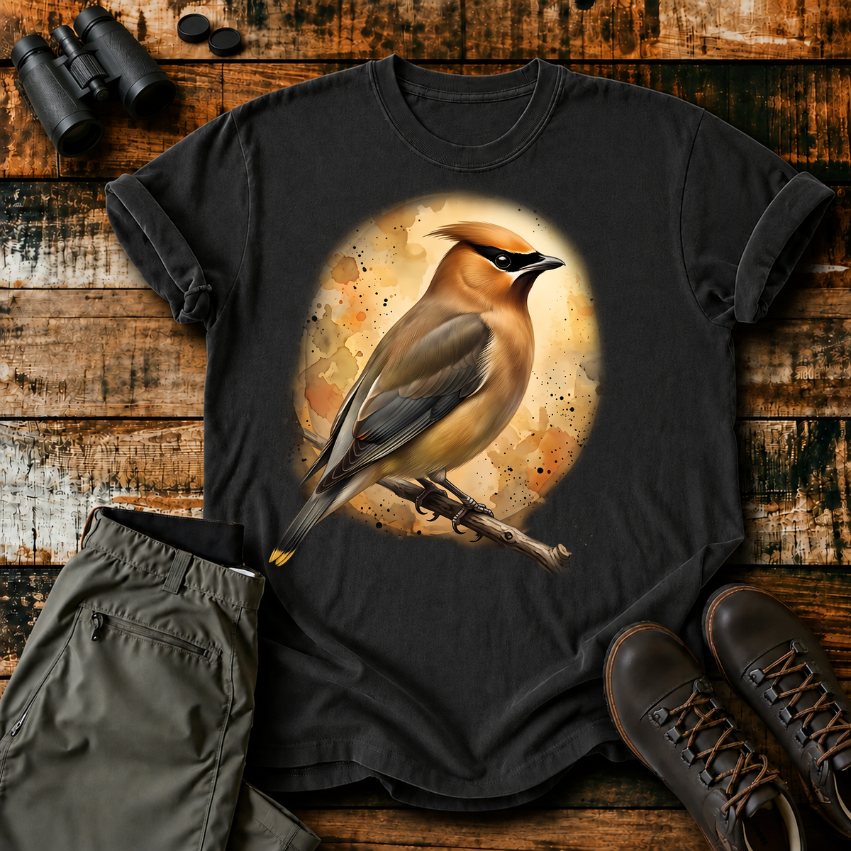 Cedar Waxwing Watercolor Portrait Tee in Black, centered front design on a birdwatching flat-lay mockup