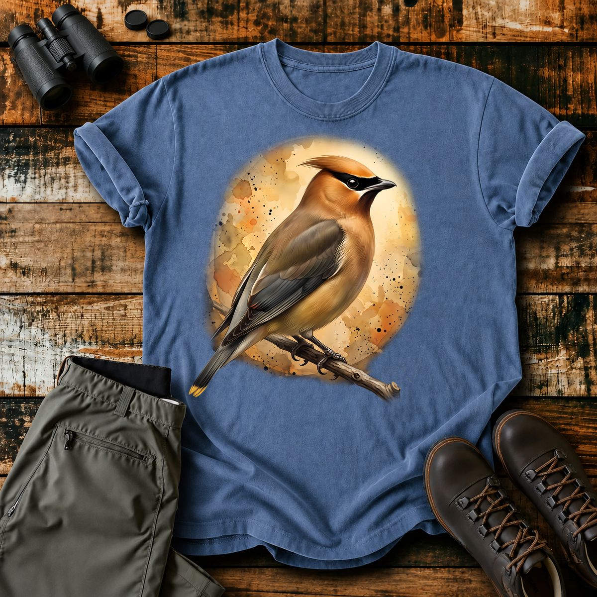 Cedar Waxwing Watercolor Portrait Tee in Blue Jean, centered front design on a birdwatching flat-lay mockup