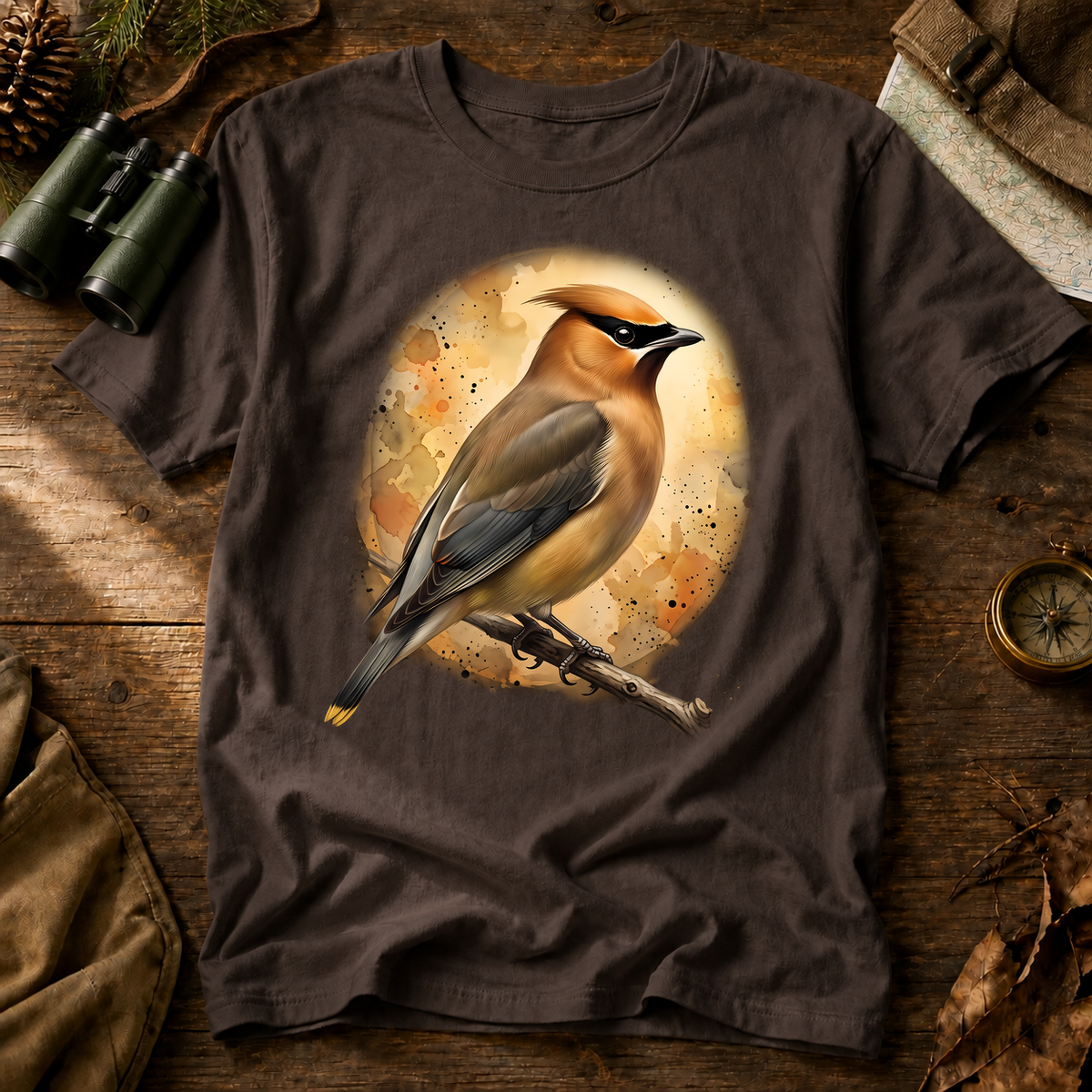 Cedar Waxwing Watercolor Portrait Tee in Espresso, centered front design on a birdwatching flat-lay mockup