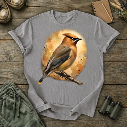 Cedar Waxwing Watercolor Portrait Tee in Grey, centered front design on a birdwatching flat-lay mockup
