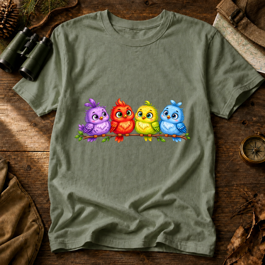 Colorful Cartoon Bird Quartet Tee in Bay, centered front design on a birdwatching flat-lay mockup