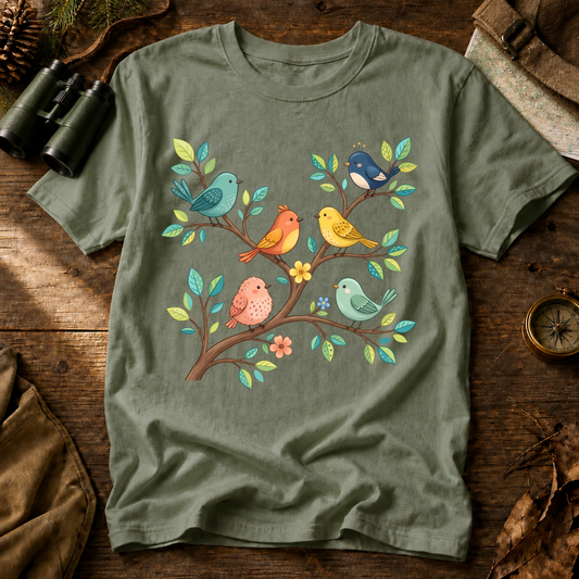 Colorful Six Birds on Branches Tee in Bay, centered front design on a birdwatching flat-lay mockup
