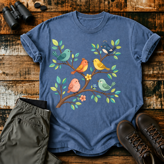 Colorful Six Birds on Branches Tee in Blue Jean, centered front design on a birdwatching flat-lay mockup