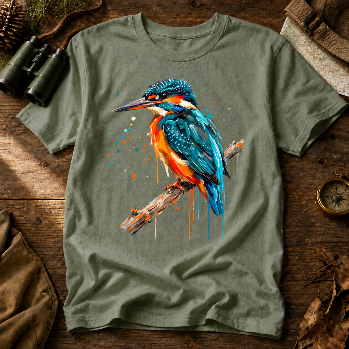 Common Kingfisher Watercolor Tee in Bay laid beside field gear