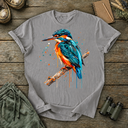 Common Kingfisher Watercolor Tee in Grey, centered front design on a birdwatching flat-lay mockup