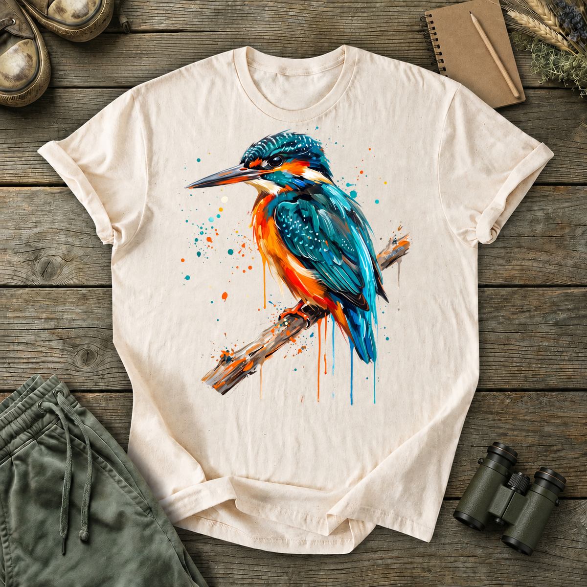 Common Kingfisher Watercolor Tee in Ivory, centered front design on a birdwatching flat-lay mockup