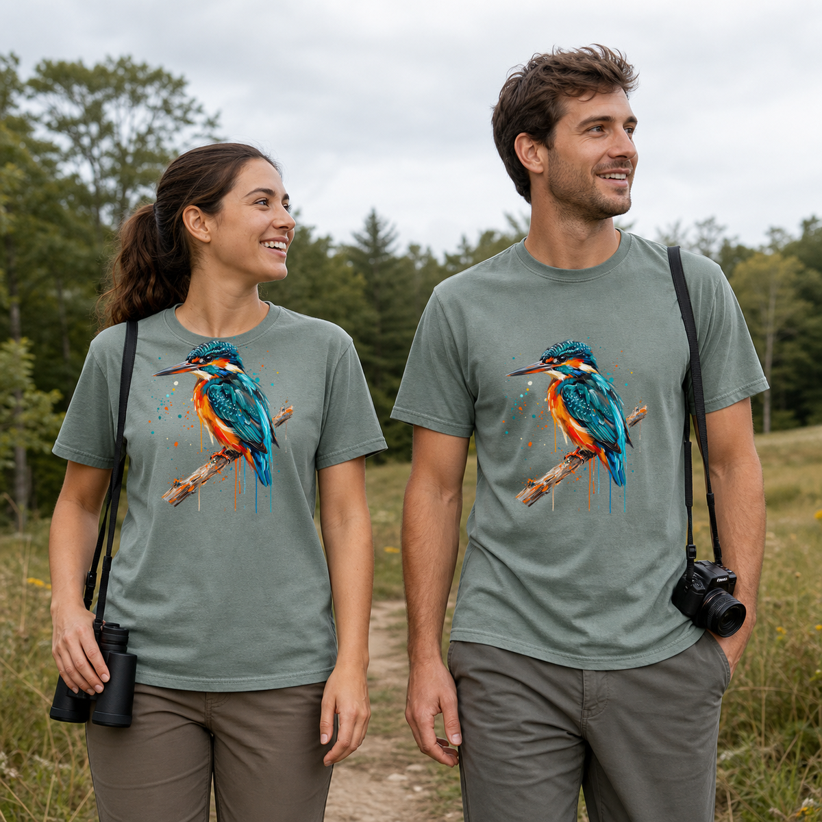 Female and male models wearing the Common Kingfisher Watercolor Tee in Bay, with the artwork centered on both shirts