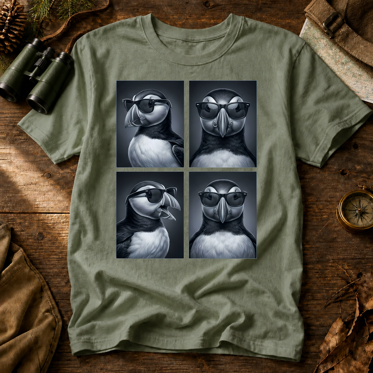 Cool Puffin Portraits Tee in Bay, centered front design on a birdwatching flat-lay mockup